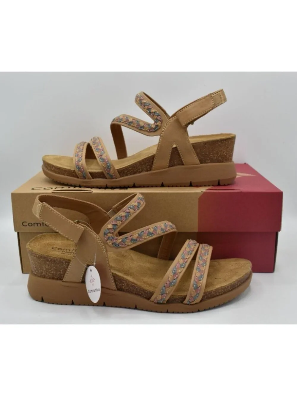 Comfortiva Women 9.5‎ Silvia Caramel Multi Color Leather Wedge Strappy Sandals